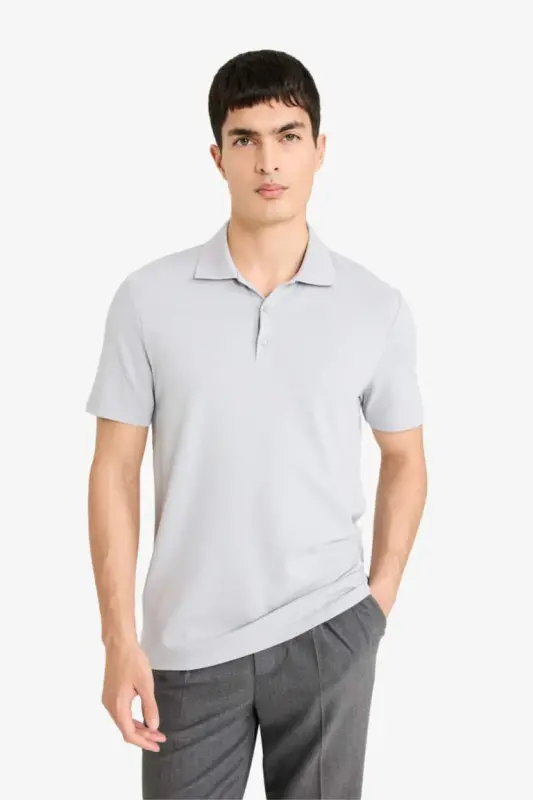 Slim Fit Dar Kesim Kısa Kollu Pamuklu Basic Düz Polo Tişört-Gri - 3