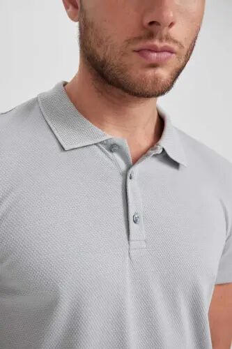 Slim Fit Polo Yaka Basic Kısa Kollu Pamuklu Tişört Gri - 2