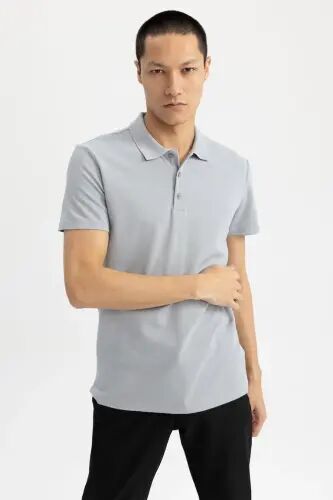 Slim Fit Polo Yaka Basic Kısa Kollu Pamuklu Tişört Gri - 5