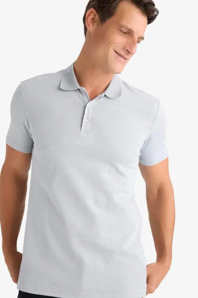 Slim Fit Dar Kesim Kısa Kollu Pamuklu Basic Düz Polo Tişört-Gri - Modazone