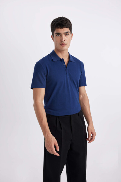 Slim Fit Polo Yaka Basic Kısa Kollu Pamuklu Tişört Koyu İndigo - 6