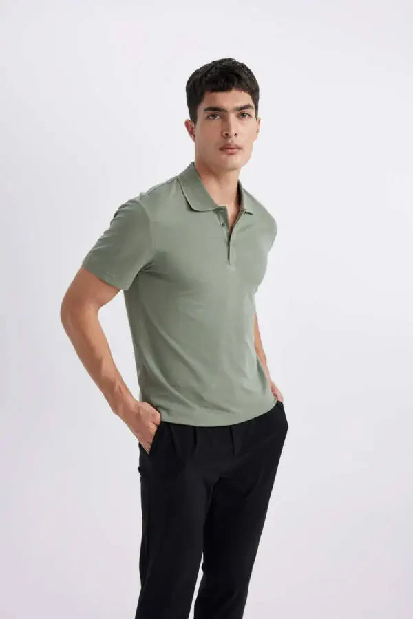 Slim Fit Polo Yaka Basic Kısa Kollu Tişört Açık Yeşil - 3