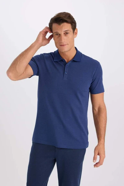 Slim Fit Polo Yaka Basic Qisqa Yengli Futbolka Qorong'i Indigo - 3