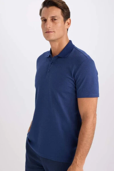 Slim Fit Polo Yaka Basic Qisqa Yengli Futbolka Qorong'i Indigo - 4