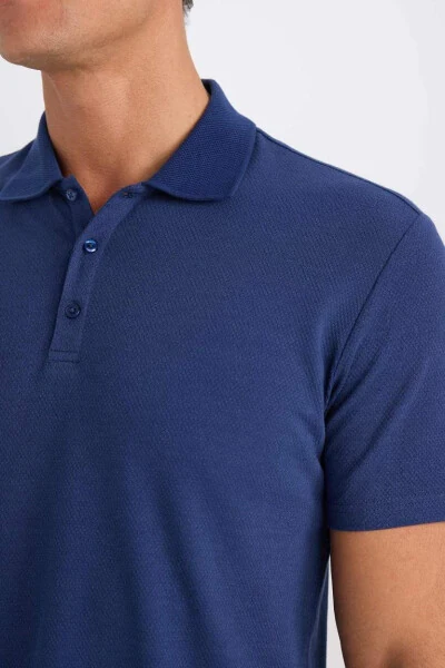Slim Fit Polo Yaka Basic Qisqa Yengli Futbolka Qorong'i Indigo - 5