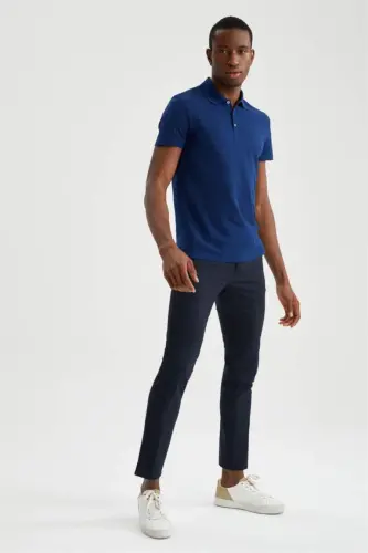 Slim Fit Polo Yaka Basic Qisqa Yengli Futbolka Qorong'i Indigo - DEFACTO (1)