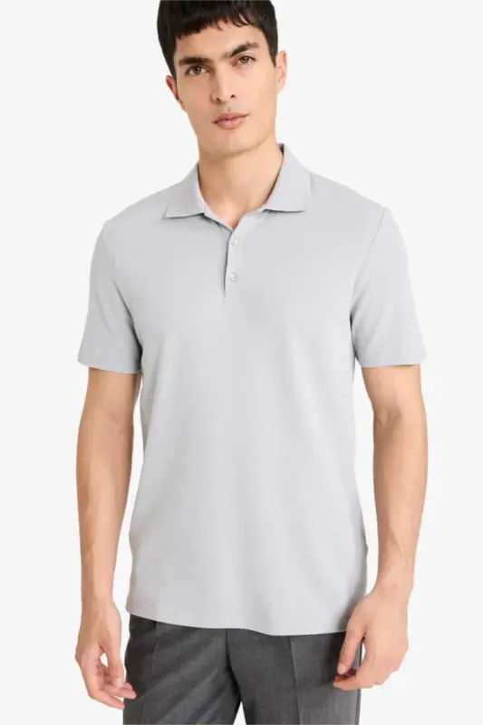 Slim Fit Polo Yaka Basic Qisqa Yengli Paxta Futbolkasi Kulrang - 1