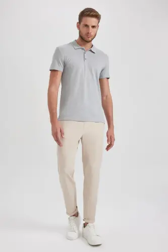 Slim Fit Polo Yaka Basic Qisqa Yengli Paxta Futbolkasi Kulrang - 1