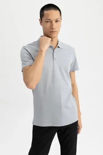 Slim Fit Polo Yaka Basic Qisqa Yengli Paxta Futbolkasi Kulrang - 4