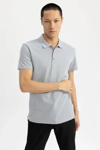 Slim Fit Polo Yaka Basic Qisqa Yengli Paxta Futbolkasi Kulrang - 5