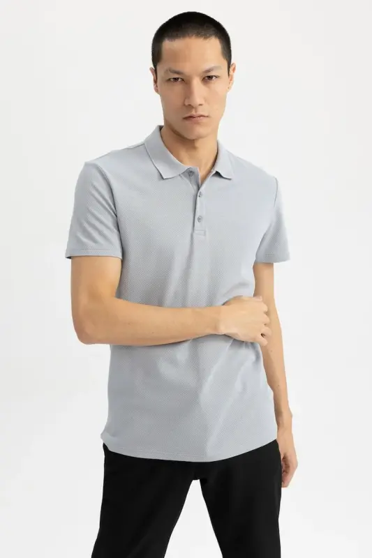 Slim Fit Polo Yaka Basic Qisqa Yengli Paxta Futbolkasi Kulrang - 5