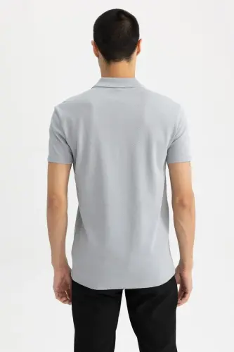 Slim Fit Polo Yaka Basic Qisqa Yengli Paxta Futbolkasi Kulrang - 6