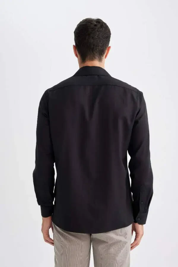 Slim Fit Dar Kesim Polo Yaka Poplin Uzun Kollu Gömlek Siyah - 6