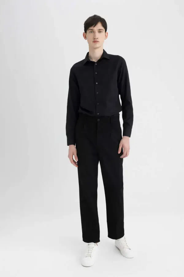 Slim Fit Dar Kesim Polo Yaka Poplin Uzun Kollu Gömlek Siyah - 8