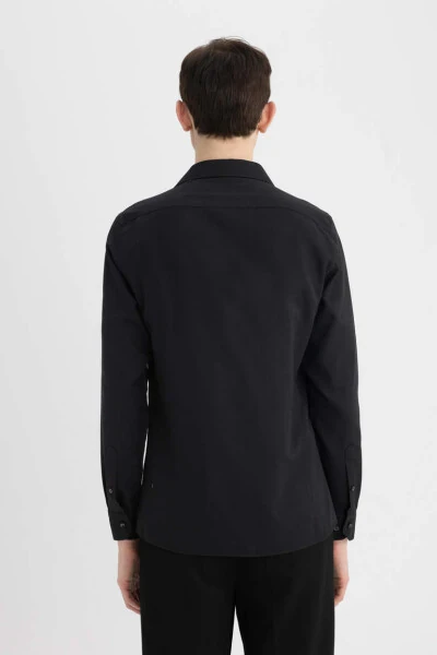 Slim Fit Dar Kesim Polo Yaka Poplin Uzun Kollu Gömlek Siyah - 12