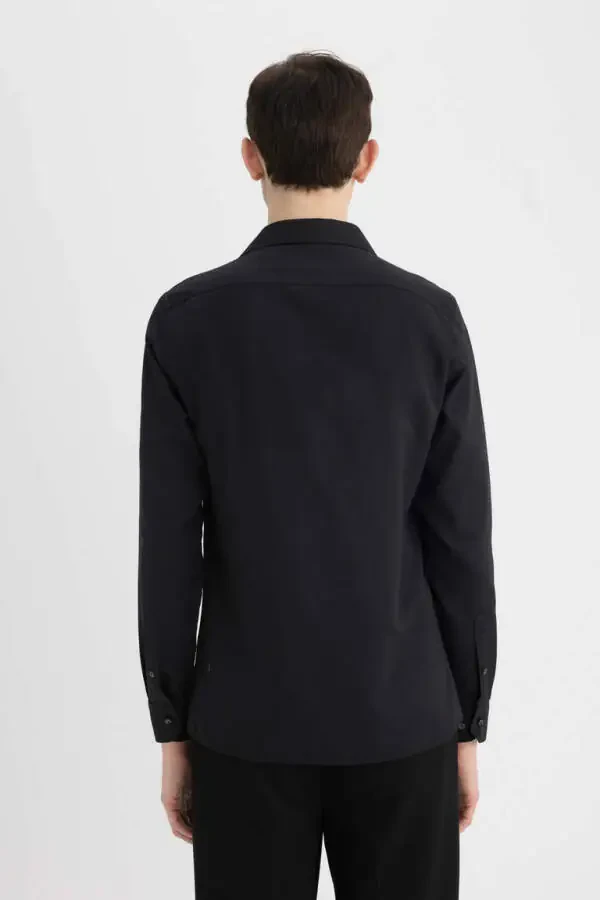 Slim Fit Dar Kesim Polo Yaka Poplin Uzun Kollu Gömlek Siyah - 12
