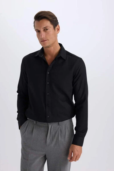 Slim Fit Polo Yaka Poplin Uzun Kollu Pamuklu Gömlek-Siyah - 4