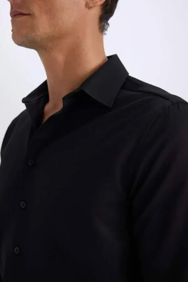 Slim Fit Polo Yaka Poplin Uzun Kollu Pamuklu Gömlek-Siyah - 5