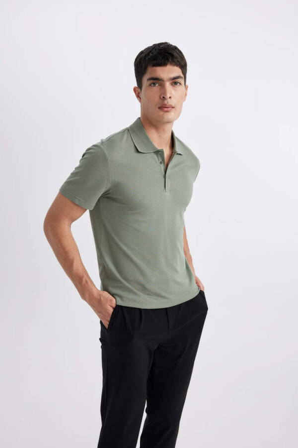 Slim Fit Polo Yoqa Basic Qisqa Yengli Paxta Futbolkasi Och Yashil - 3