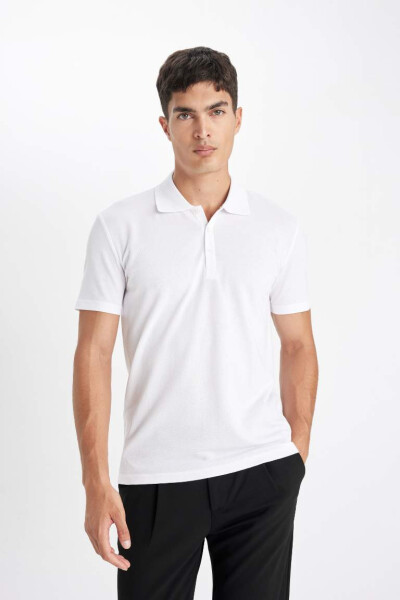 Slim Fit Polo Yoqa Basic Qisqa Yengli Paxta Futbolkasi Oq - 1