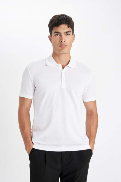 Slim Fit Polo Yoqa Basic Qisqa Yengli Paxta Futbolkasi Oq - 3