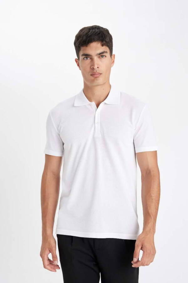 Slim Fit Polo Yoqa Basic Qisqa Yengli Paxta Futbolkasi Oq - 4