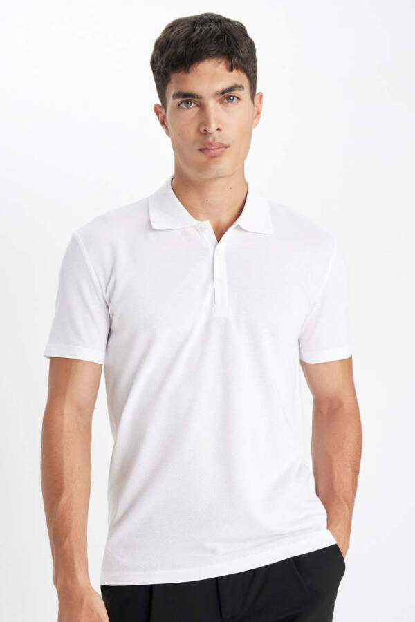 Slim Fit Polo Yoqa Basic Qisqa Yengli Paxta Futbolkasi Oq - 1