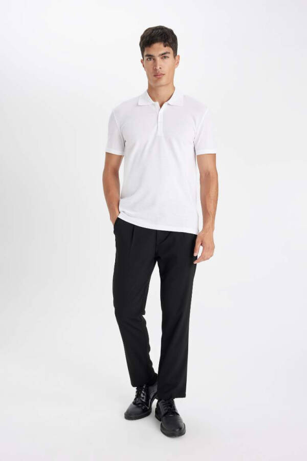 Slim Fit Polo Yoqa Basic Qisqa Yengli Paxta Futbolkasi Oq - 2