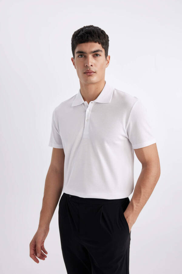 Slim Fit Polo Yoqa Basic Qisqa Yengli Paxta Futbolkasi Oq - 7