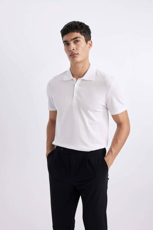 Slim Fit Polo Yoqa Basic Qisqa Yengli Paxta Futbolkasi Oq - 9