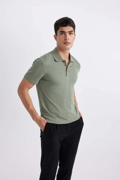 Slim Fit Polo Yoqasi Asosli Qisqa Yengli Futbolka Ochqir Yashil - 3