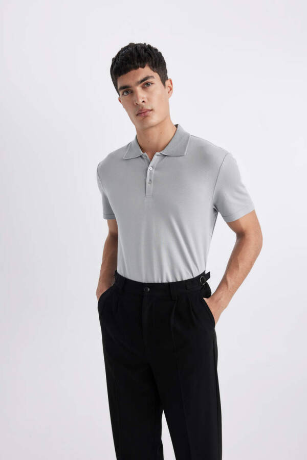 Slim Fit Polo Yoqasi Basic Qisqa Yengli Paxta Futbolka Kulrang - 1