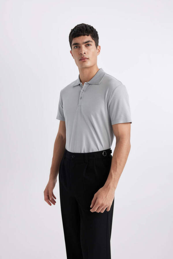 Slim Fit Polo Yoqasi Basic Qisqa Yengli Paxta Futbolka Kulrang - 3