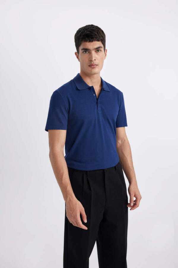 Slim Fit Polo Yoqasi Basic Qisqa Yengli Paxta Futbolkasi To'q Indigo - 1