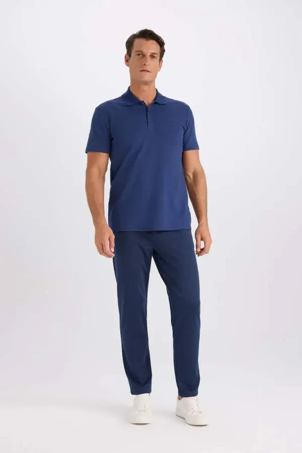 Slim Fit Polo Yoqasi Basic Qisqa Yengli Paxta Futbolkasi To'q Indigo - 2