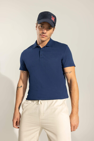 Slim Fit Polo Yoqasi Basic Qisqa Yengli Paxta Futbolkasi To'q Indigo - 15