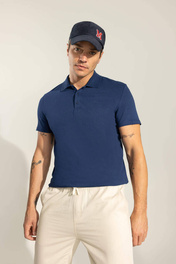 Slim Fit Polo Yoqasi Basic Qisqa Yengli Paxta Futbolkasi To'q Indigo - 15