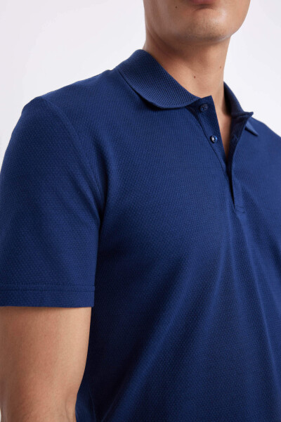 Slim Fit Polo Yoqasi Basic Qisqa Yengli Paxta Futbolkasi To'q Indigo - 9