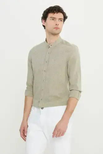 SLIM FIT ПРИТАЛЕННАЯ РУБАШКА С ВОРОТНИКОМ СТОЙКОЙ ИЗ ЛЬНА - 1