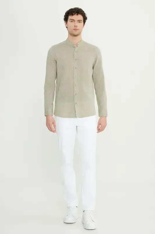 SLIM FIT ПРИТАЛЕННАЯ РУБАШКА С ВОРОТНИКОМ СТОЙКОЙ ИЗ ЛЬНА - 2