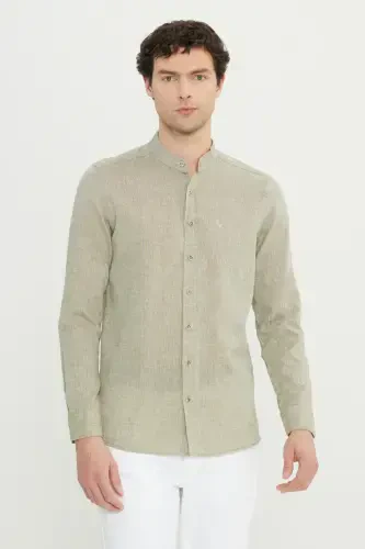 SLIM FIT ПРИТАЛЕННАЯ РУБАШКА С ВОРОТНИКОМ СТОЙКОЙ ИЗ ЛЬНА - 3