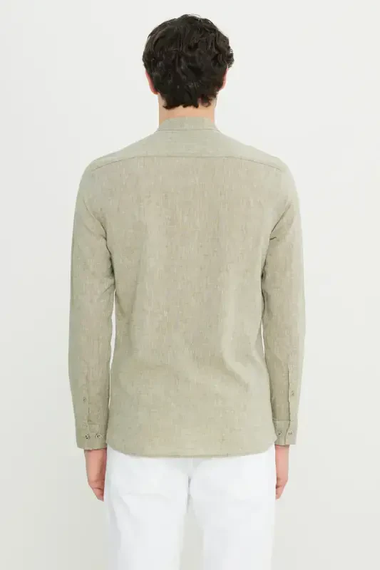 SLIM FIT ПРИТАЛЕННАЯ РУБАШКА С ВОРОТНИКОМ СТОЙКОЙ ИЗ ЛЬНА - 6