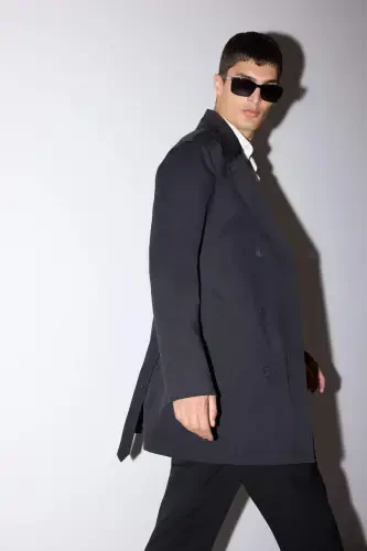 Slim Fit Приталенный Двубортный Тренчкот с Поясом Черный - 1