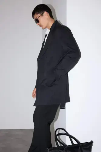 Slim Fit Приталенный Двубортный Тренчкот с Поясом Черный - 3