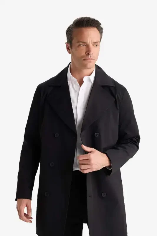 Slim Fit Приталенный Двубортный Тренчкот с Поясом Черный - 6