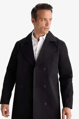 Slim Fit Приталенный Двубортный Тренчкот с Поясом Черный - 7