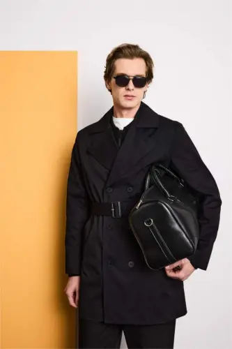 Slim Fit Приталенный Двубортный Тренчкот с Поясом Черный - 5