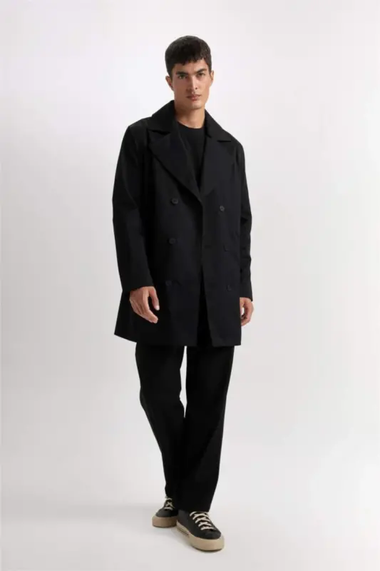 Slim Fit Приталенный Двубортный Тренчкот с Поясом Черный - 2