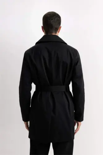 Slim Fit Приталенный Двубортный Тренчкот с Поясом Черный - 8