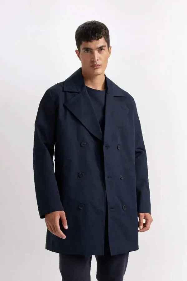 Slim Fit Приталенный Тренчкот на Пуговицах с Поясом - Темно-синий - 7